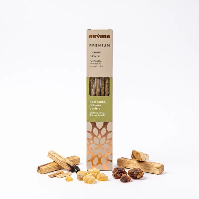 Nirvana Premium: Prírodné rituálne vonné tyčinky – Palo Santo, Kadidlo a Myrha (5 ks)