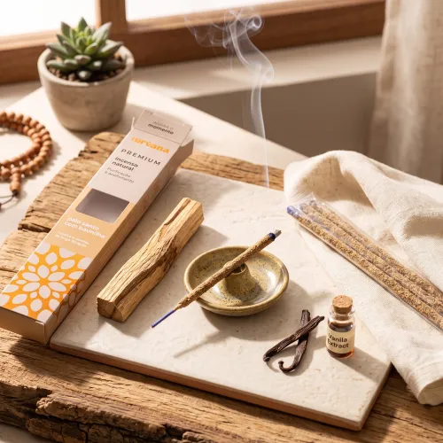 Nirvana Premium: Prírodné rituálne vonné tyčinky – Palo Santo a Vanilka (5 ks)
