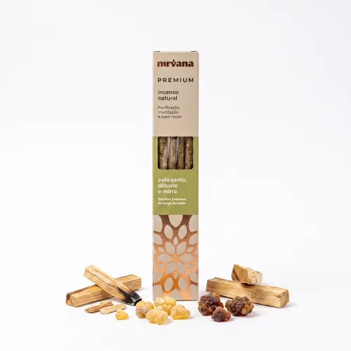 Nirvana Premium: Prírodné rituálne vonné tyčinky – Palo Santo, Kadidlo a Myrha (5 ks)