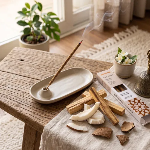 Nirvana Premium: Prírodné rituálne vonné tyčinky – Palo Santo a Kokos (5 ks)