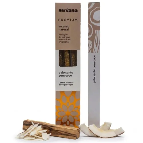 Nirvana Premium: Prírodné rituálne vonné tyčinky – Palo Santo a Kokos (5 ks)