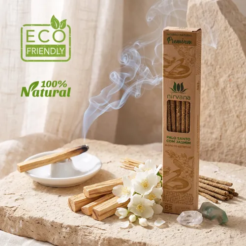 Nirvana Premium Eco: Prírodné rituálne vonné tyčinky – Palo Santo a Jazmín (5 ks)